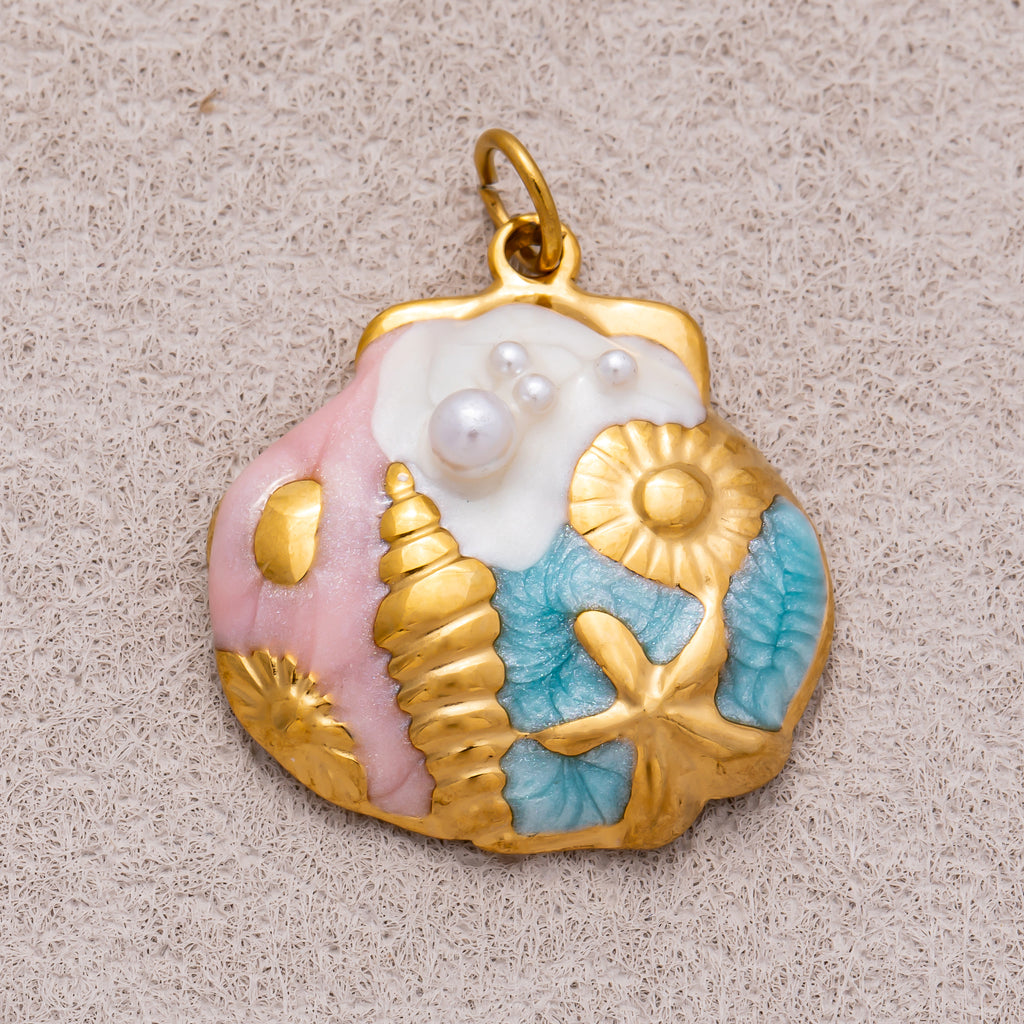 Gold PVD Stainless Steel Shell Pearl Irregular Seashell Beach Set Pendant