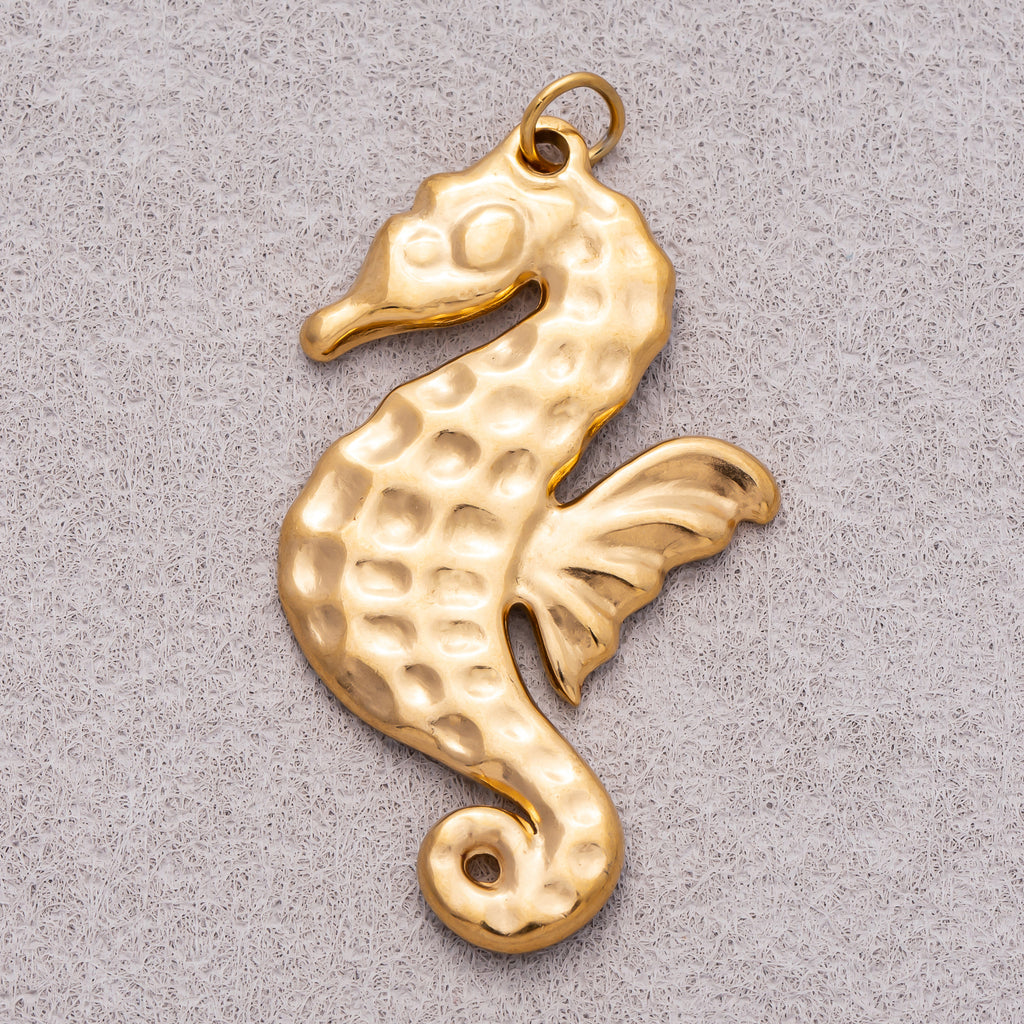 Gold PVD Stainless Steel Hammered Sea Horse Animal Pendant