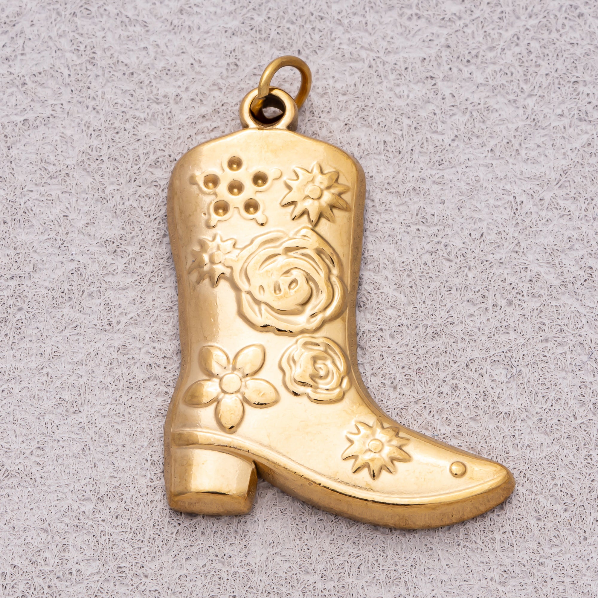 Gold PVD Stainless Steel Artisan Flower Cowboy Boots Shoes Charm