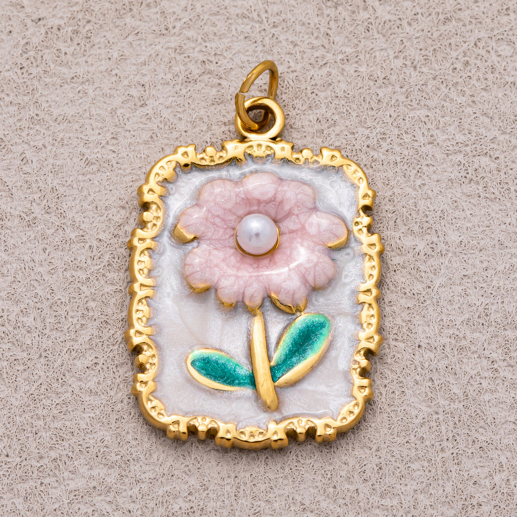 Gold PVD Stainless Steel Shell Pearl Pink Daisy Flower Enamel Tag Rectangular Charm