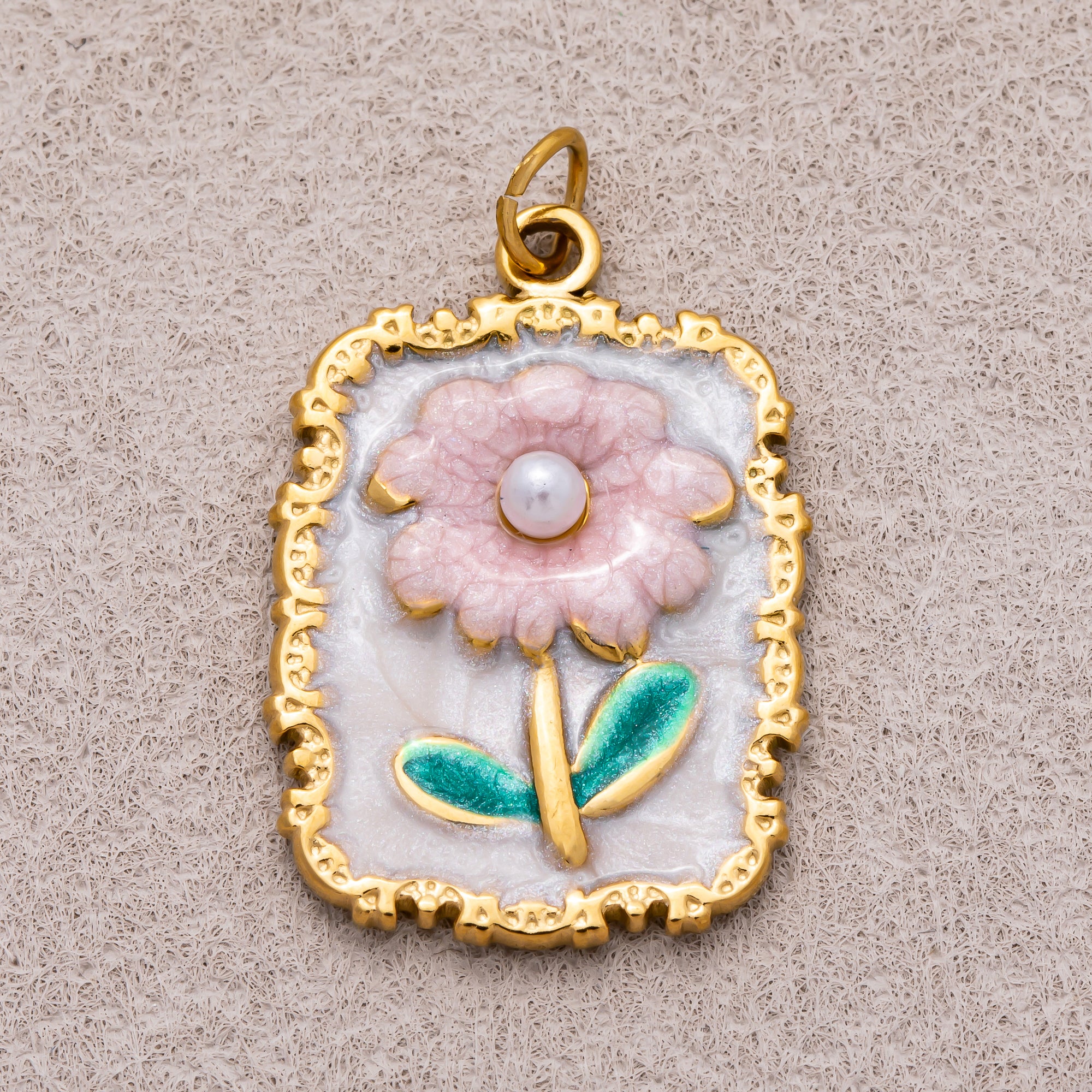 Gold PVD Stainless Steel Shell Pearl Pink Daisy Flower Enamel Tag Rectangular Charm