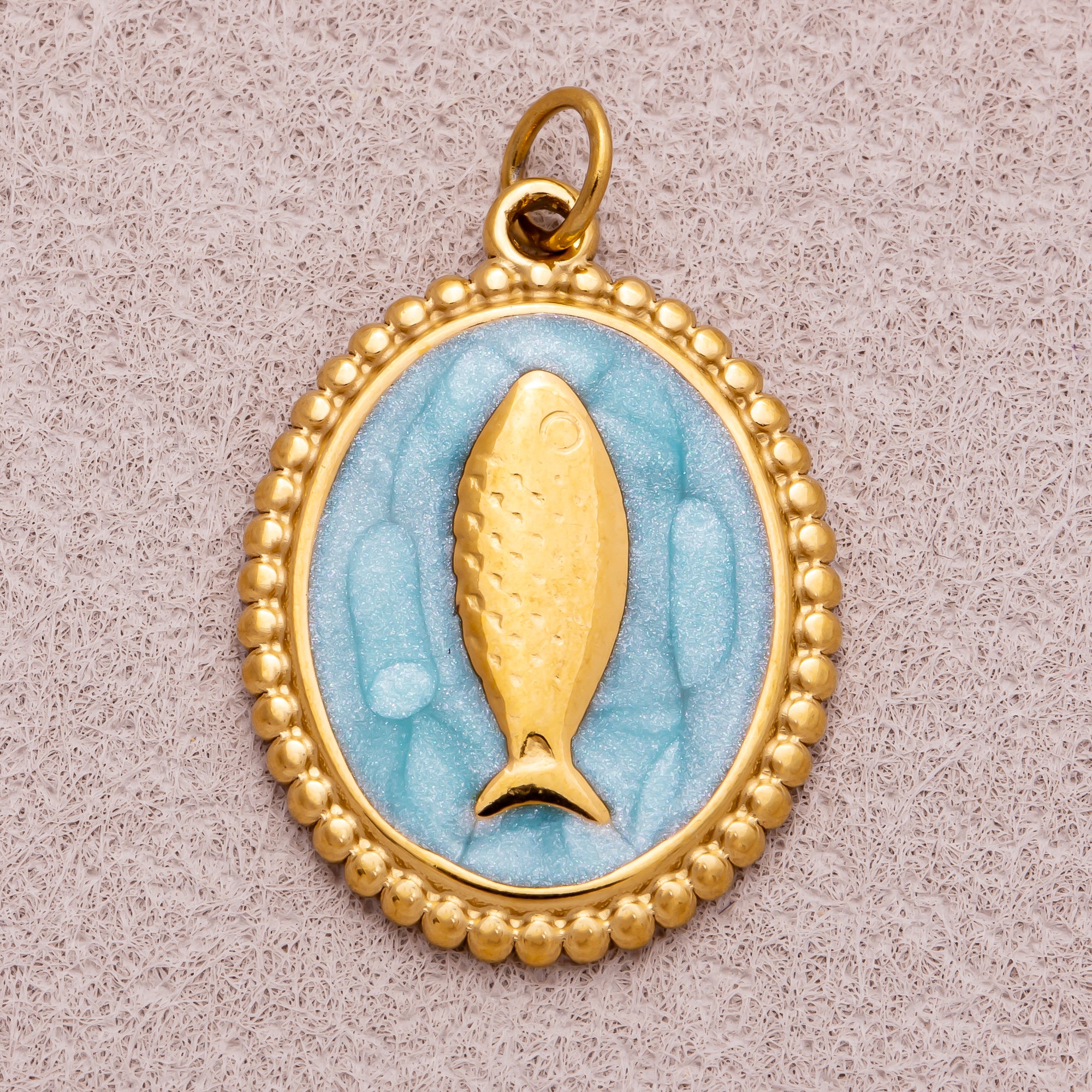 Gold PVD Stainless Steel Pink, Blue, White Enamel Fish Dotted Medallion Oval Charm