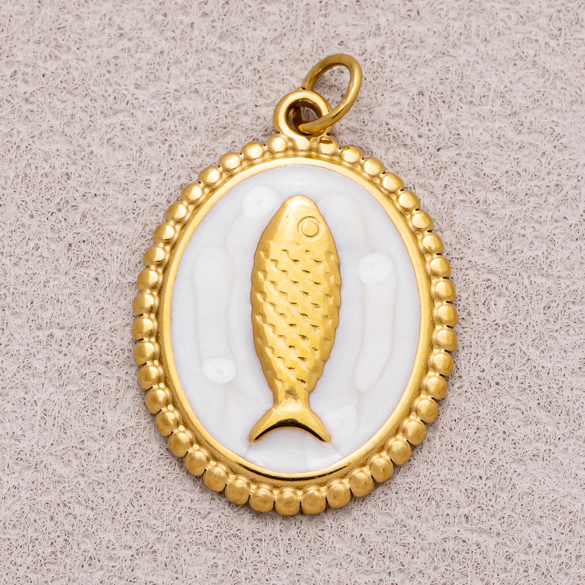 Gold PVD Stainless Steel Pink, Blue, White Enamel Fish Dotted Medallion Oval Charm