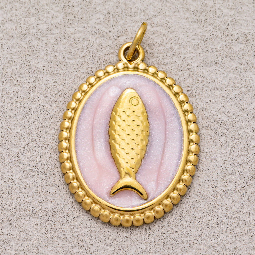 Gold PVD Stainless Steel Pink, Blue, White Enamel Fish Dotted Medallion Oval Charm