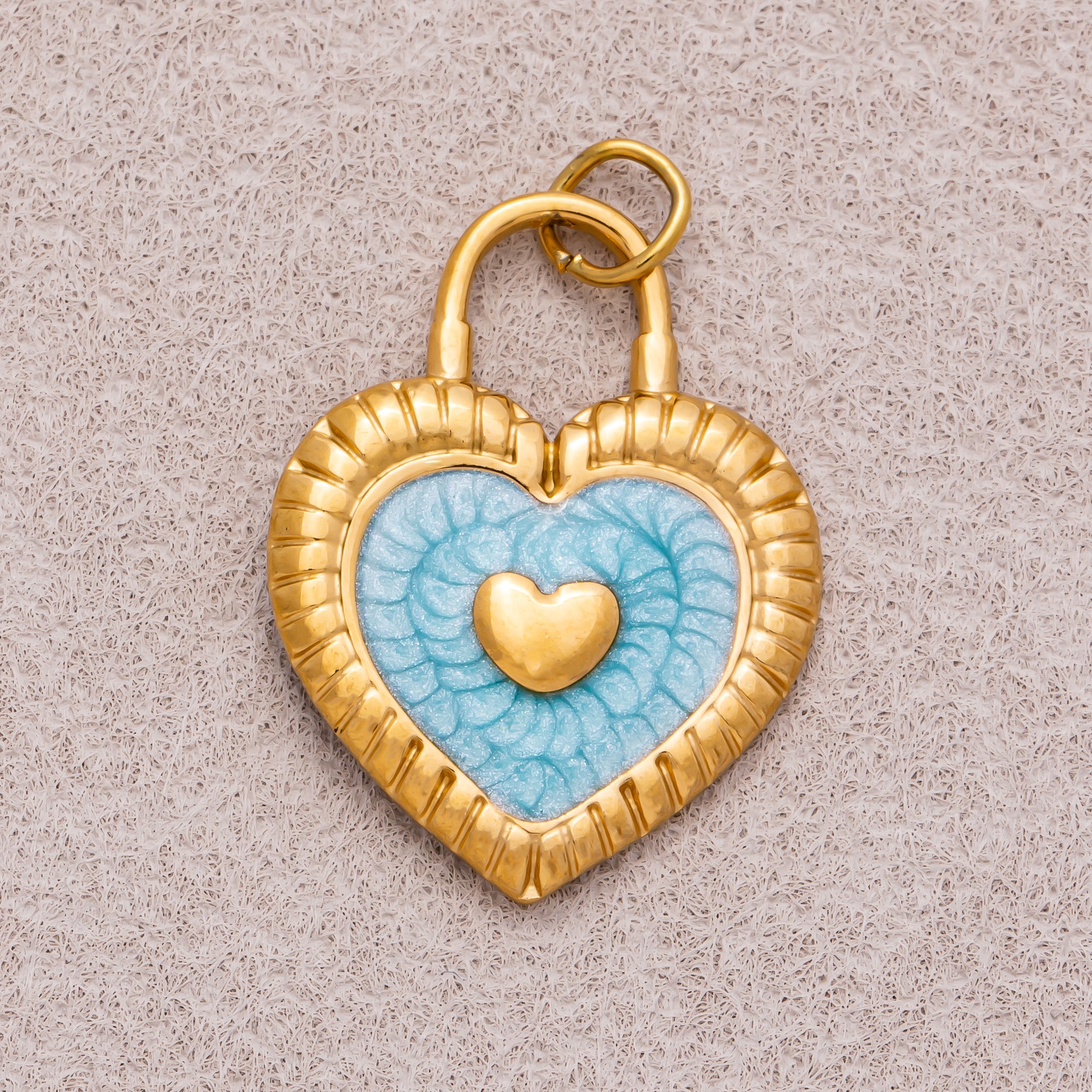 Gold PVD Stainless Steel Pink, Blue Enamel Ribbed Heart Padlock Charm