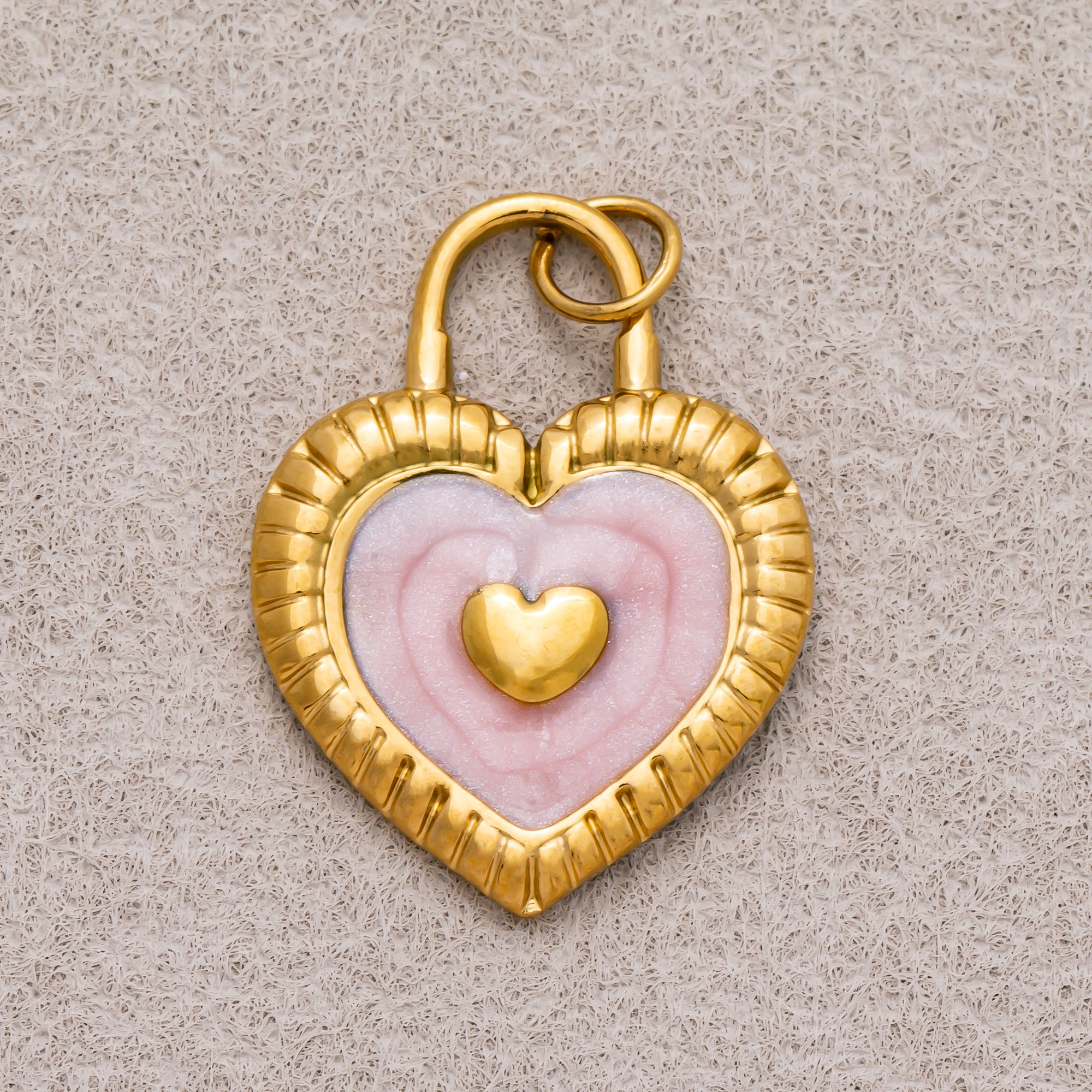 Gold PVD Stainless Steel Pink, Blue Enamel Ribbed Heart Padlock Charm