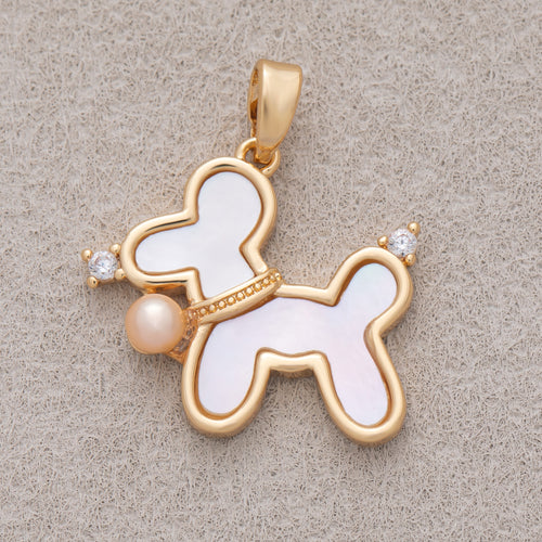 16K Gold Plated CZ Pink Shell Pearl Puppy Pet Pendant - Sold Each