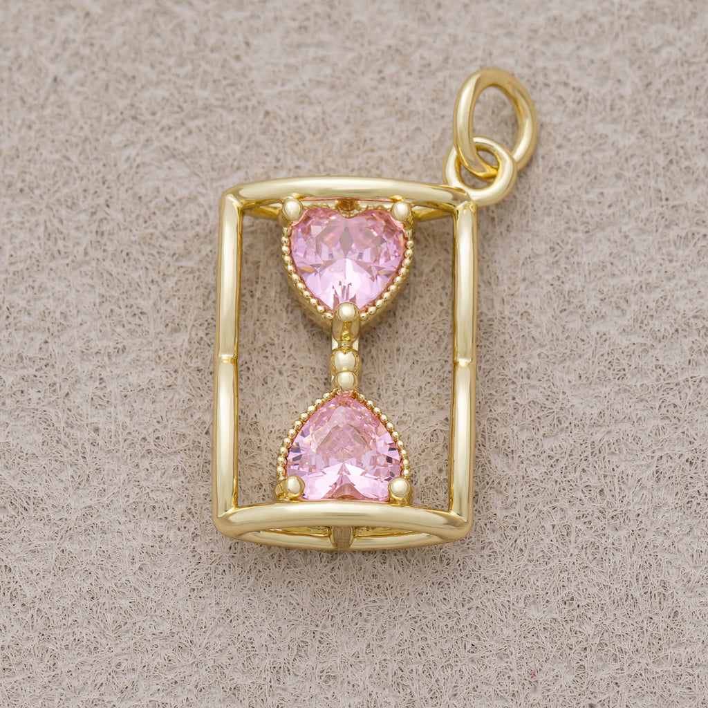 16K Gold Plated Pink CZ Ribbed Heart Hourglass Open Charm - Sold Each