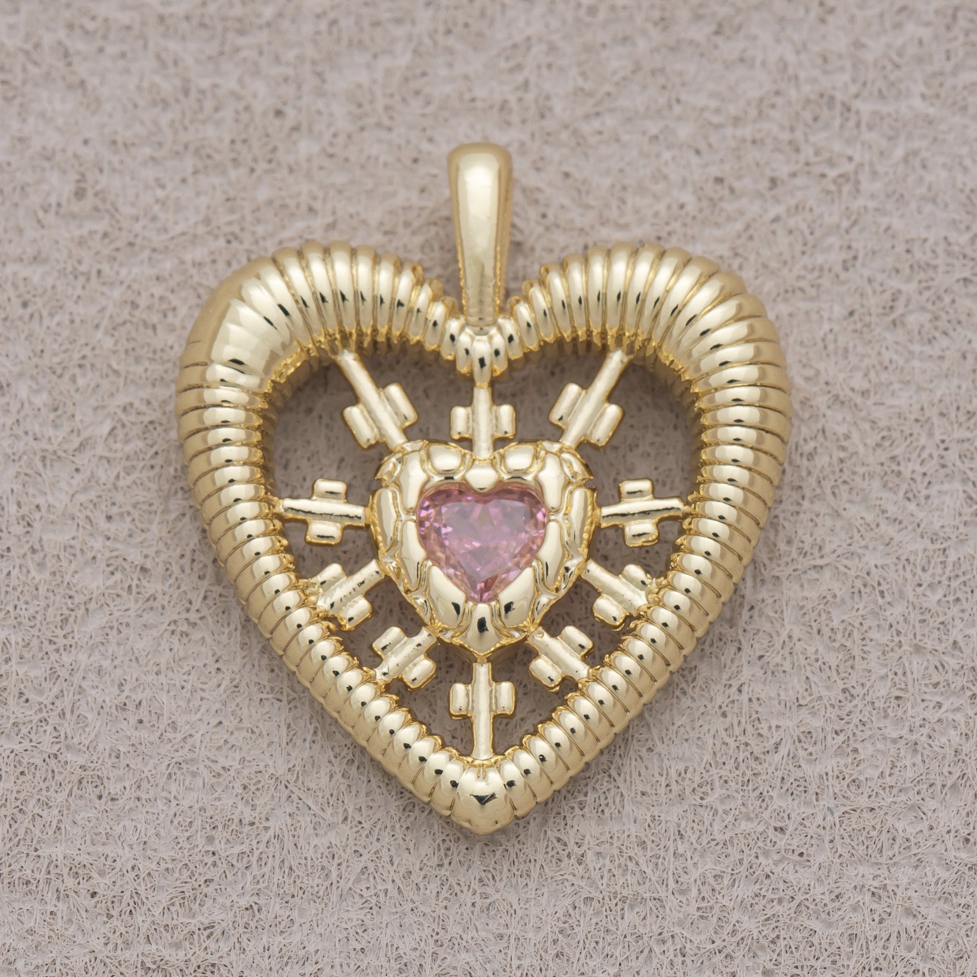 16K Gold Plated Pink CZ Ribbed Sunburst Open Heart Pendant - Sold Each