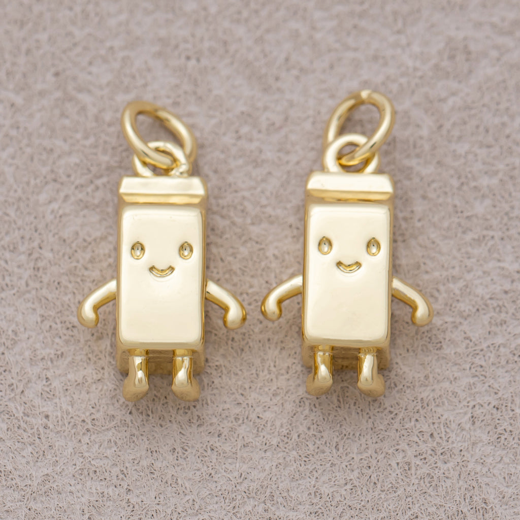 16K Gold Plated Cute Smiley Milk Carton 3D Multidimensional Charm - Sold Each