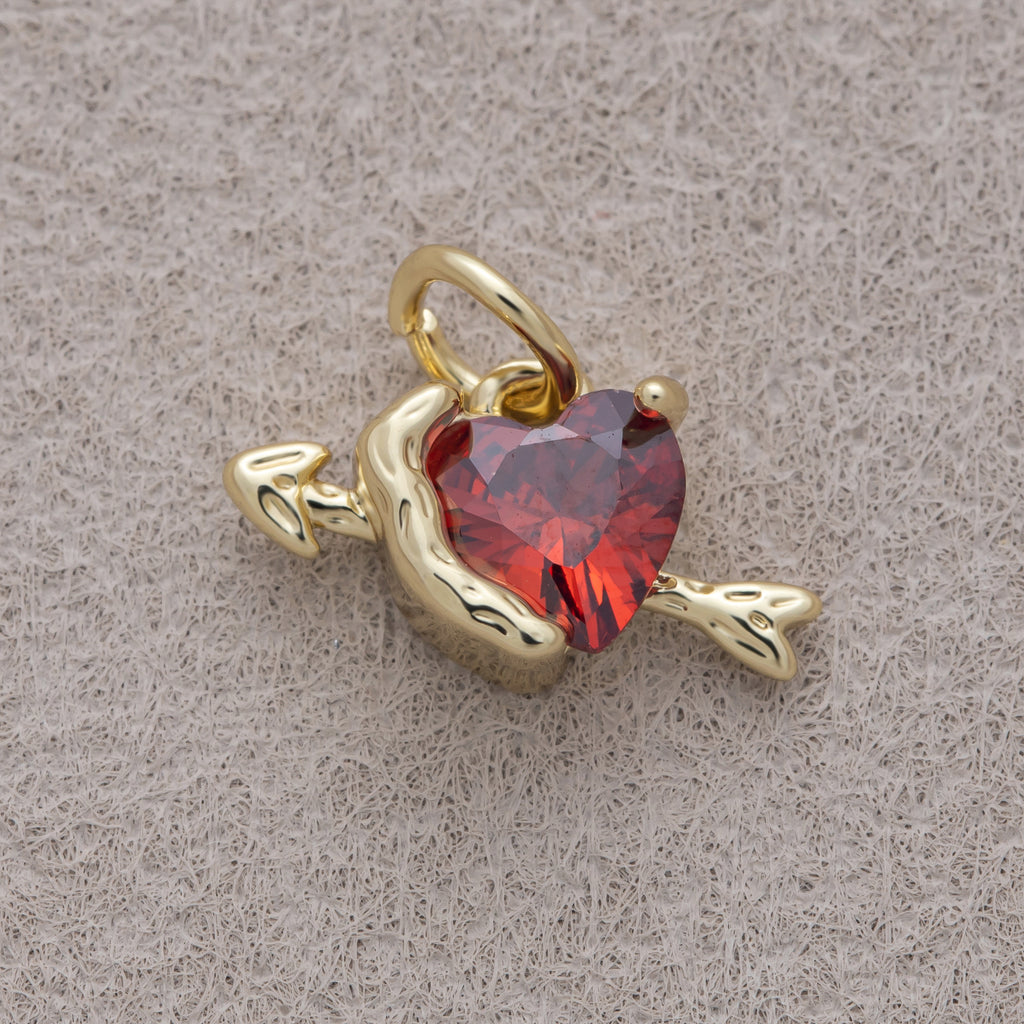 16K Gold Plated Red CZ Cupid Arrow Heart Mini Charm - Sold Each