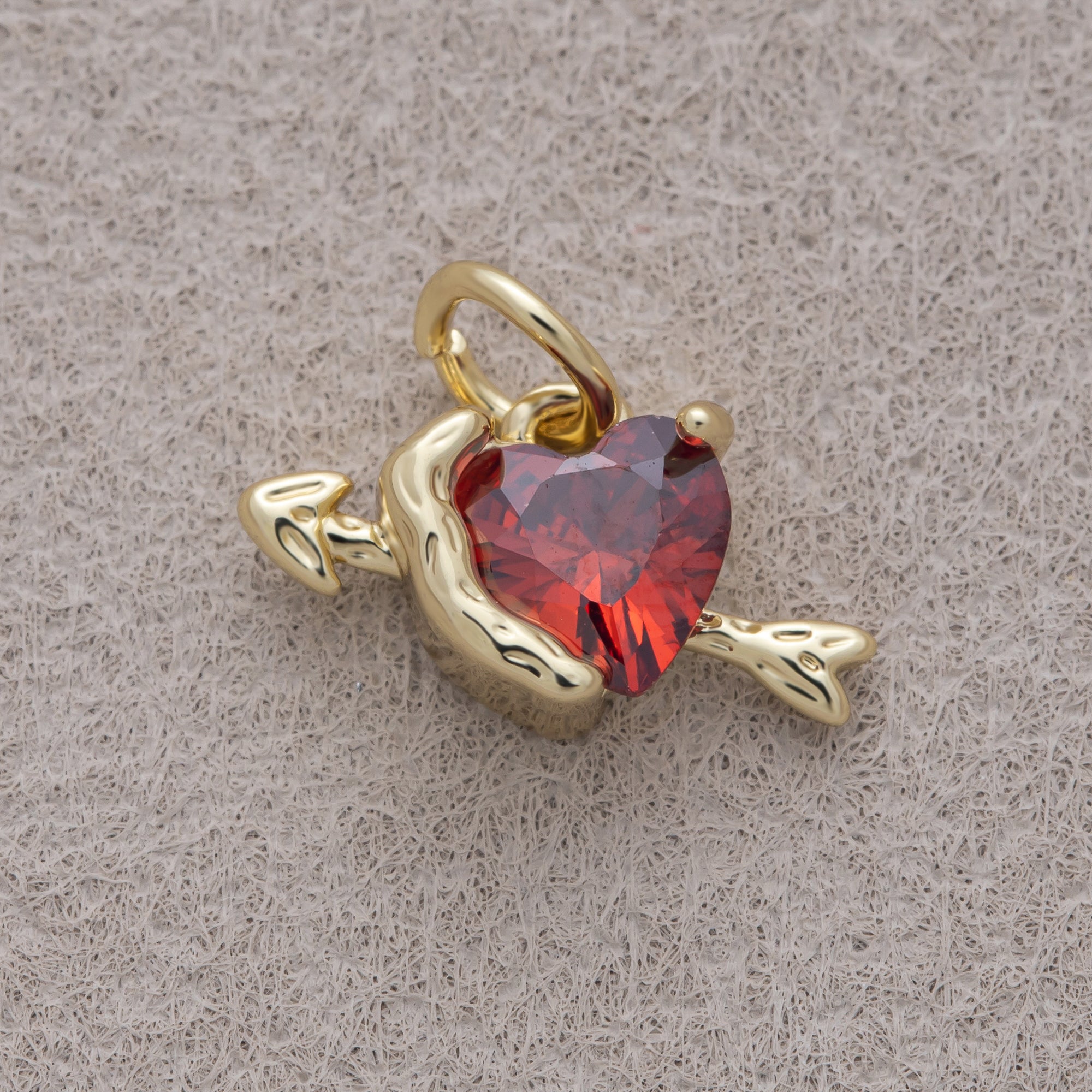 16K Gold Plated Red CZ Cupid Arrow Heart Mini Charm - Sold Each