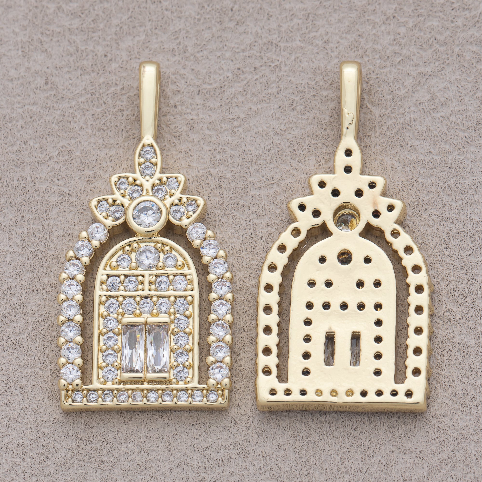 16K Gold Plated Clear Baguette Micro Paved CZ Flower Garden Gate Doorway Pendant - Sold Each