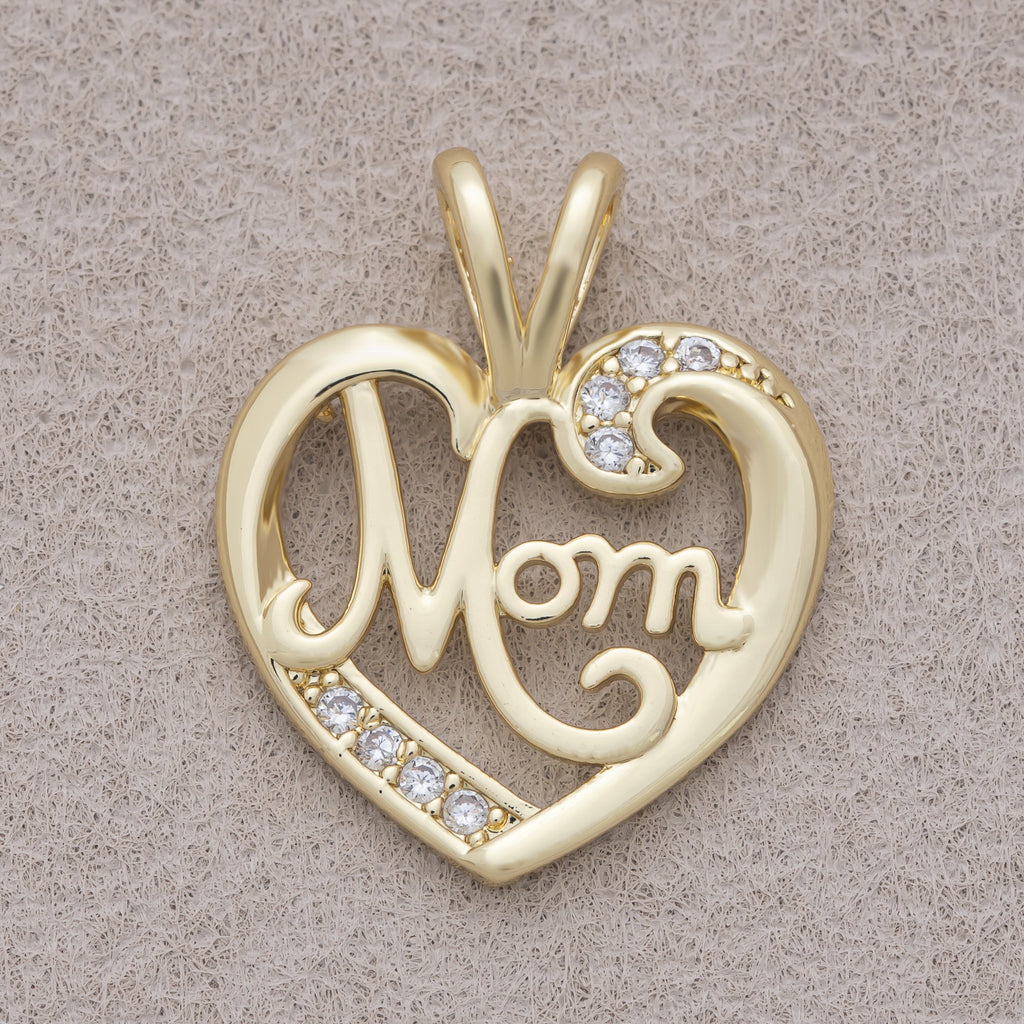 16K Gold Plated Pretty "MOM" Micro Paved CZ Heart Pendant - Sold Each