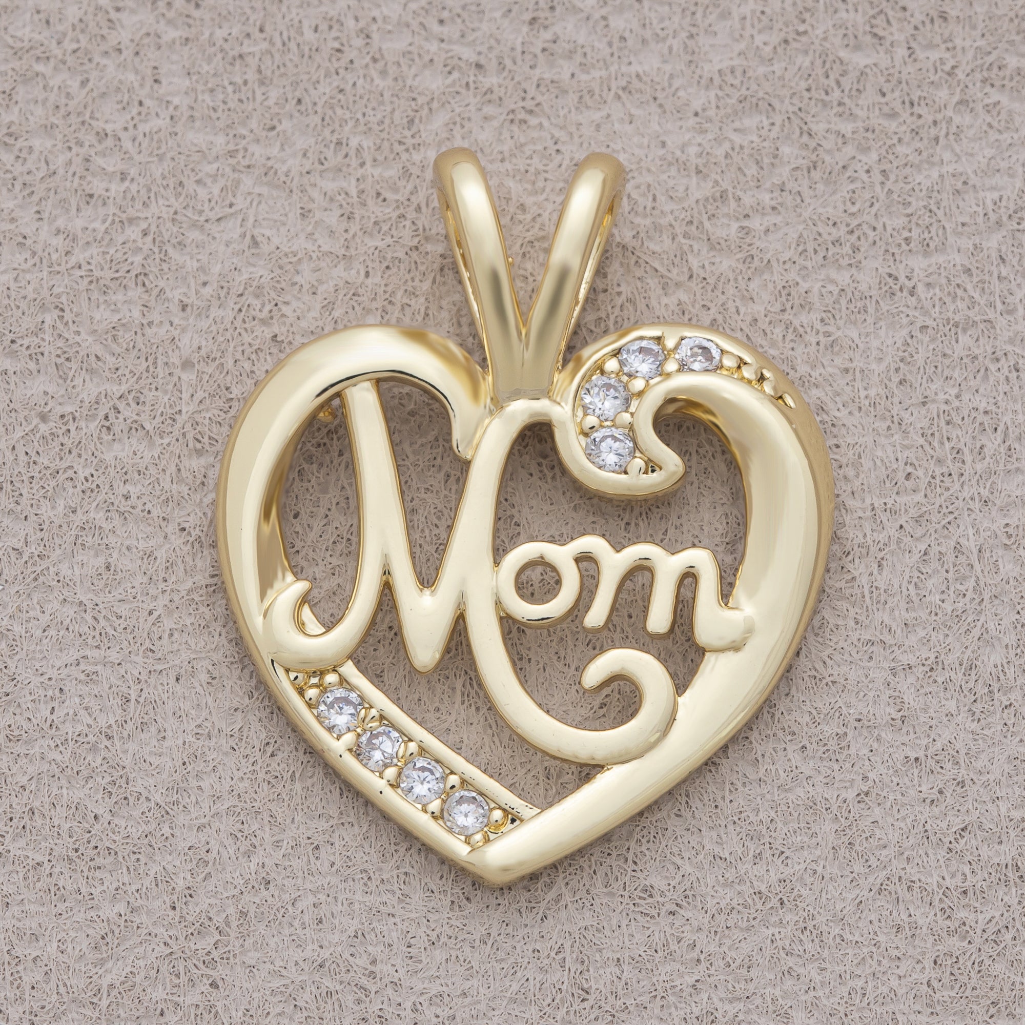 16K Gold Plated Pretty "MOM" Micro Paved CZ Heart Pendant - Sold Each