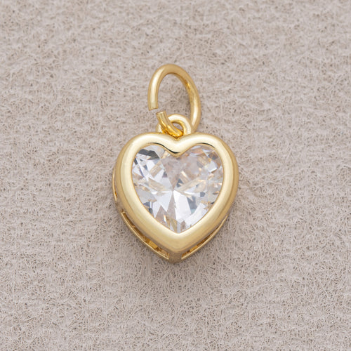 16K Gold Plated Clear CZ Minimalist Bezel Heart Charm - Sold Each