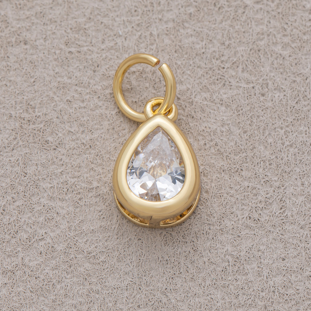 16K Gold Plated Clear CZ Minimalist Bezel Teardrop Charm - Sold Each
