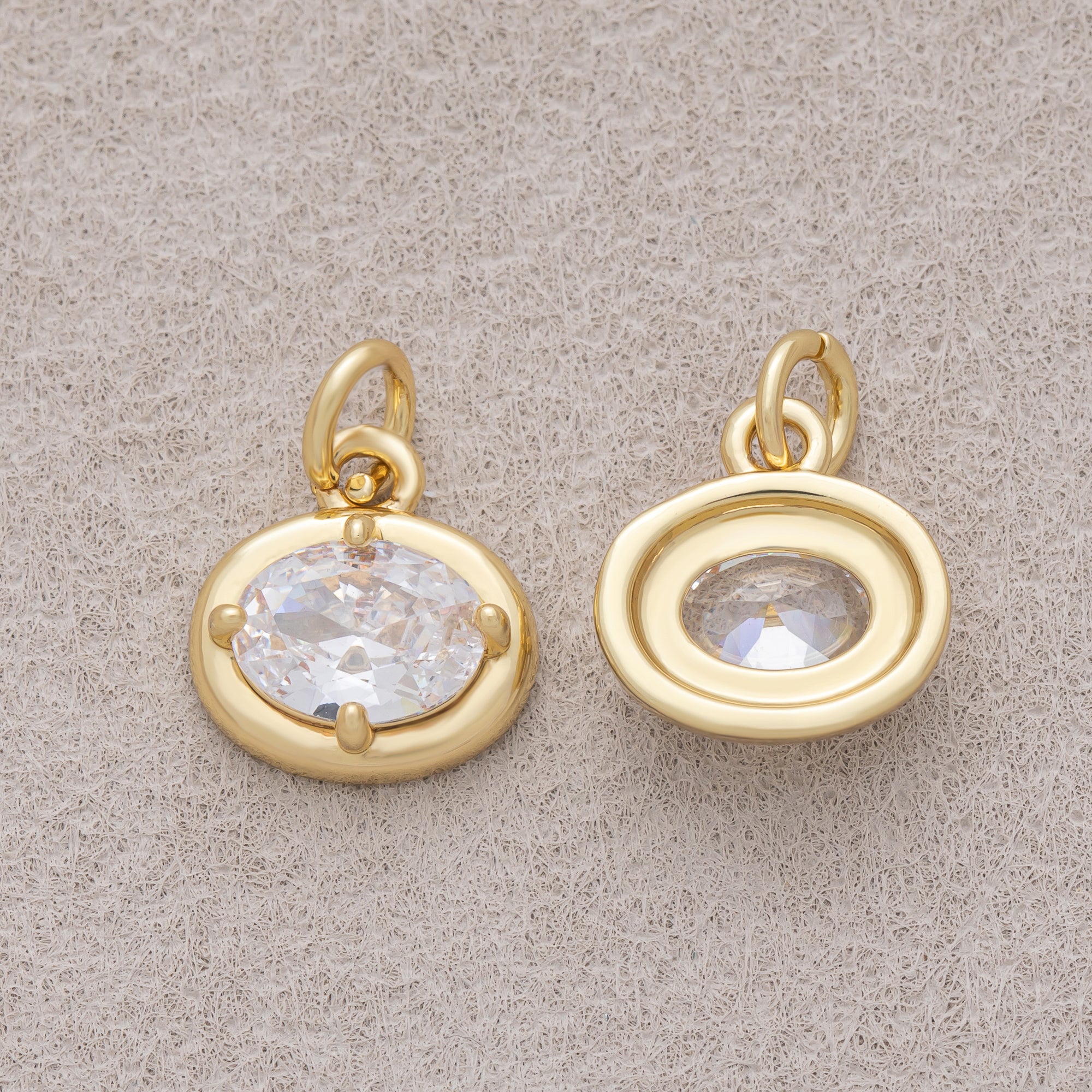 16K Gold Plated Clear CZ Minimalist Bezel Oval Charm - Sold Each