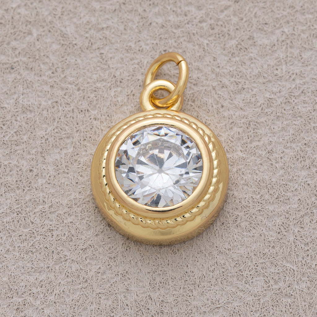 16K Gold Plated Clear CZ Minimalist Bezel Round Charm - Sold Each