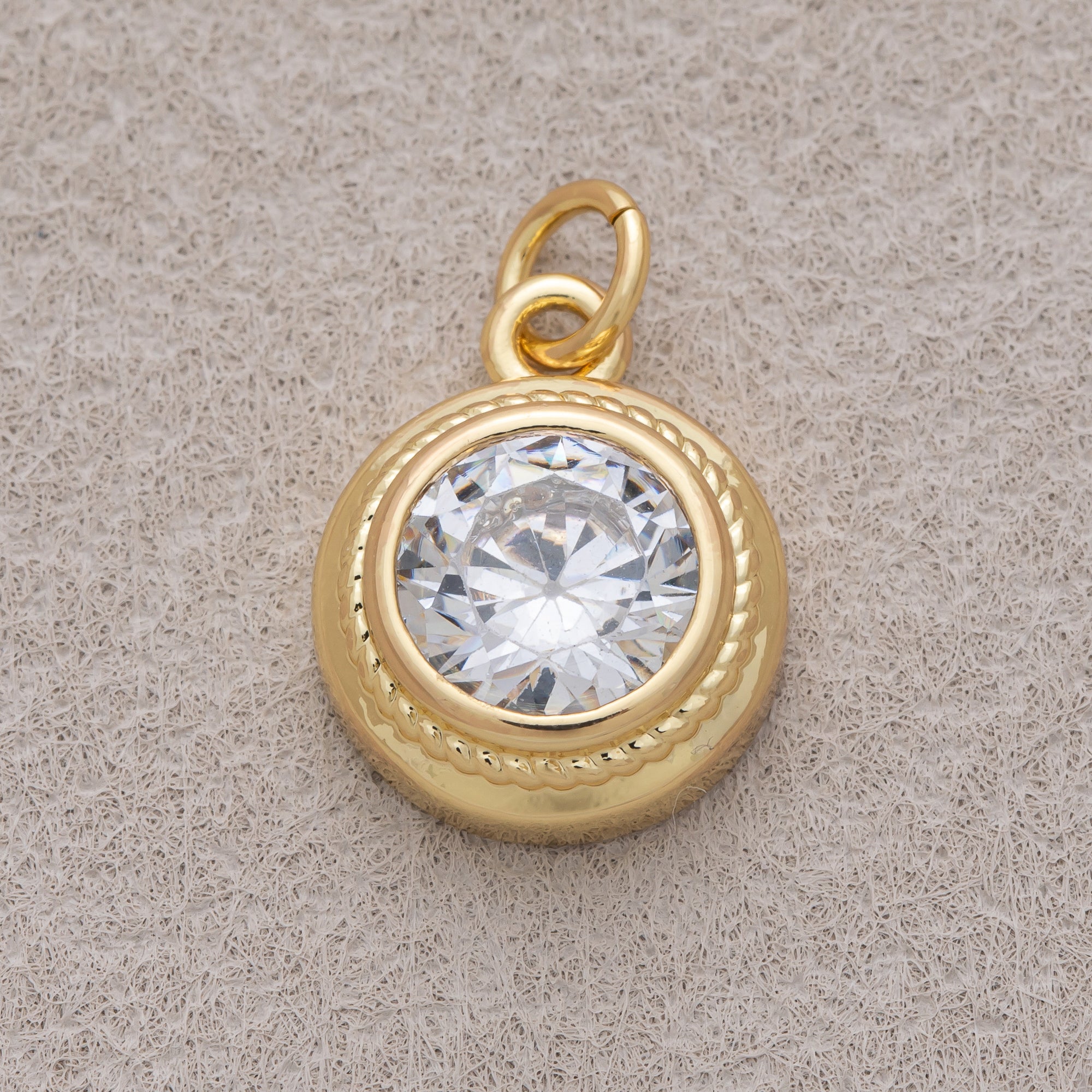 16K Gold Plated Clear CZ Minimalist Bezel Round Charm - Sold Each