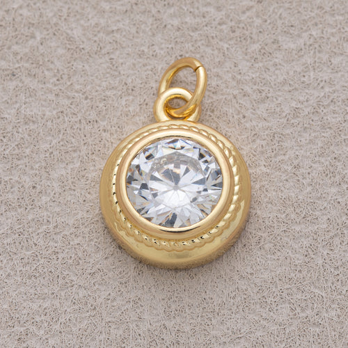 16K Gold Plated Clear CZ Minimalist Bezel Round Charm - Sold Each