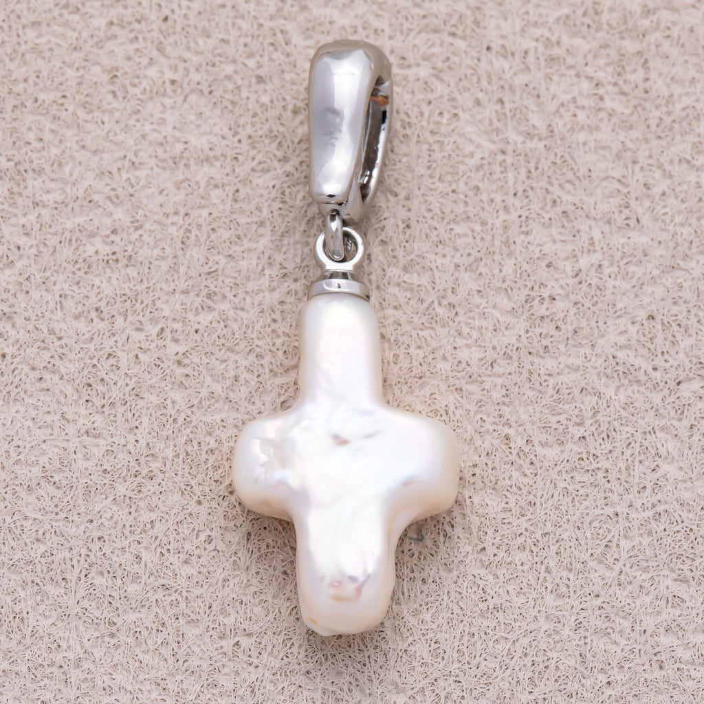 Rhodium Plated Freshwater Pearl Minimalist Religious Cross Pendant - Sold Each