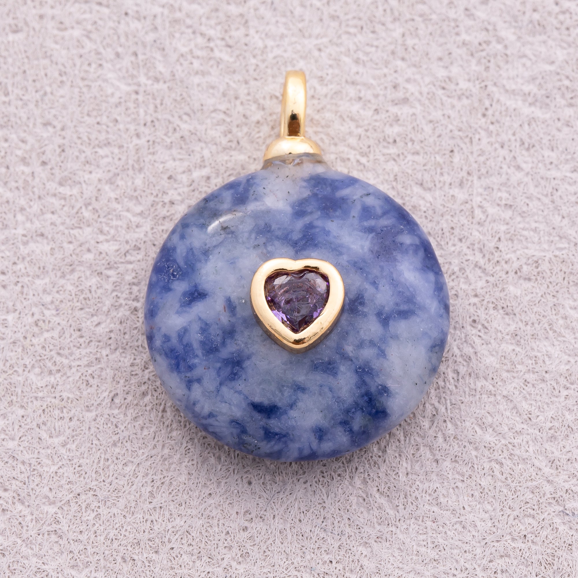 18K Gold Plated Multicolor Heart Embedded Natural Gemstone Round Pendant - Sold Each