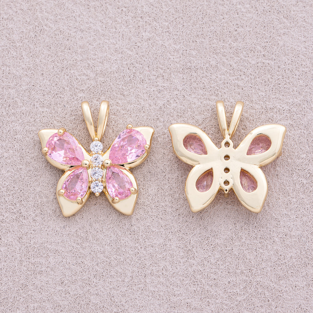 18K Gold Plated Pink Teardrop CZ Butterfly Mariposa Animal Pendant - Sold Each