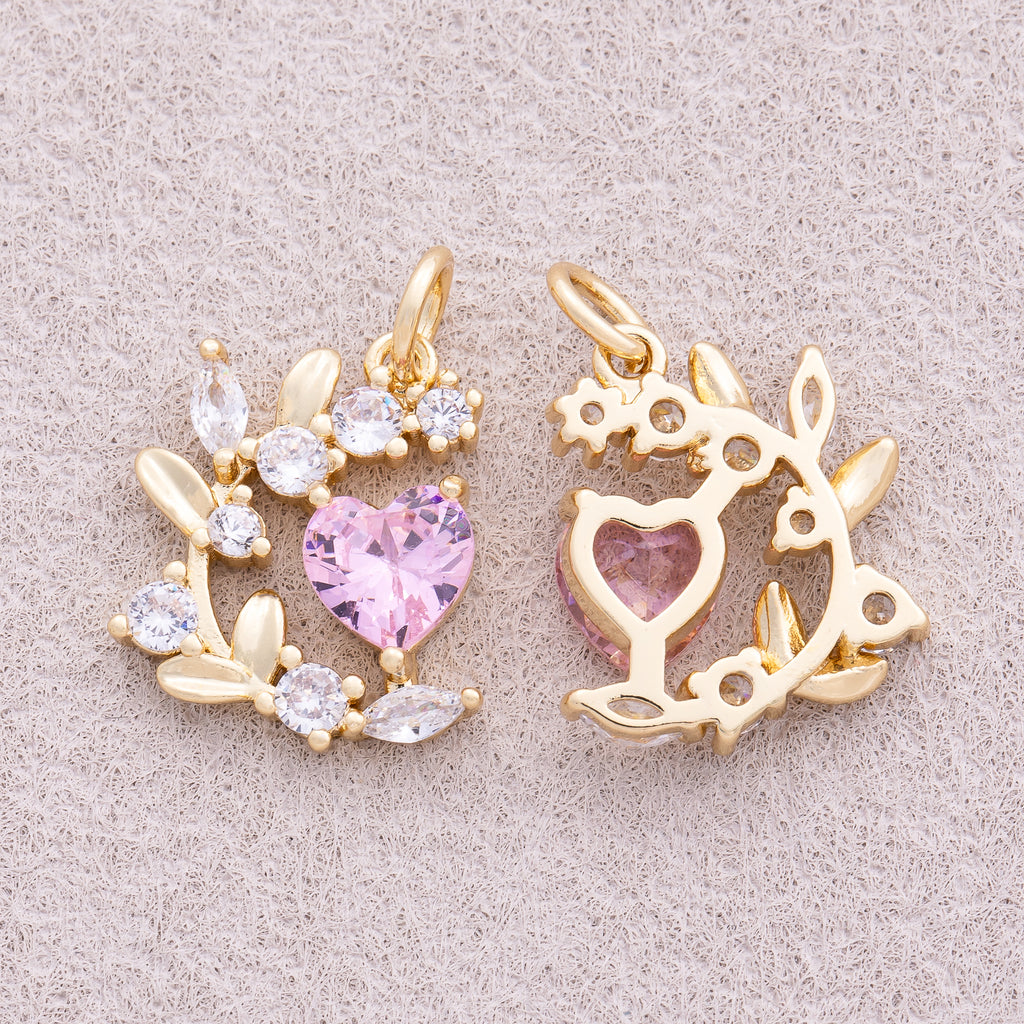 18K Gold Plated Pink Heart CZ Floral Wreath Flower Pendant - Sold Each