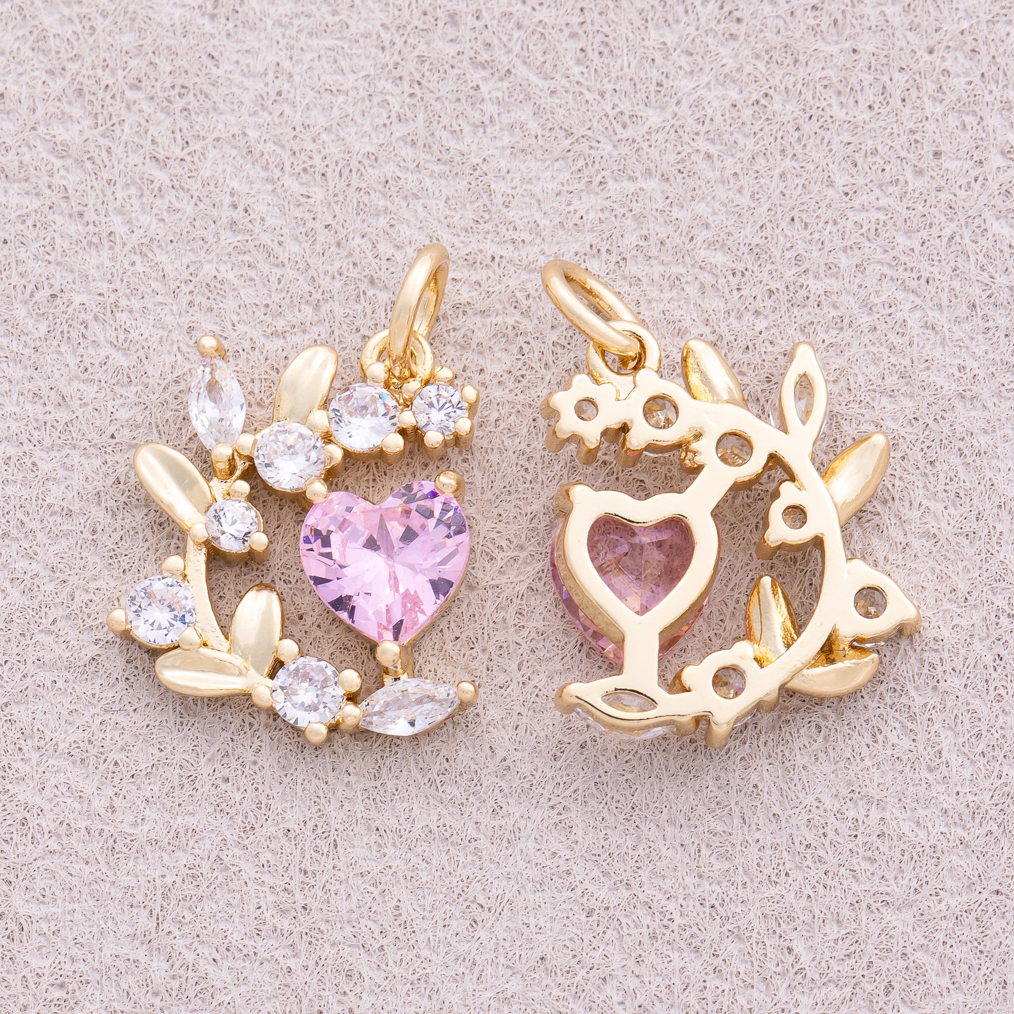 18K Gold Plated Pink Heart CZ Floral Wreath Flower Pendant - Sold Each