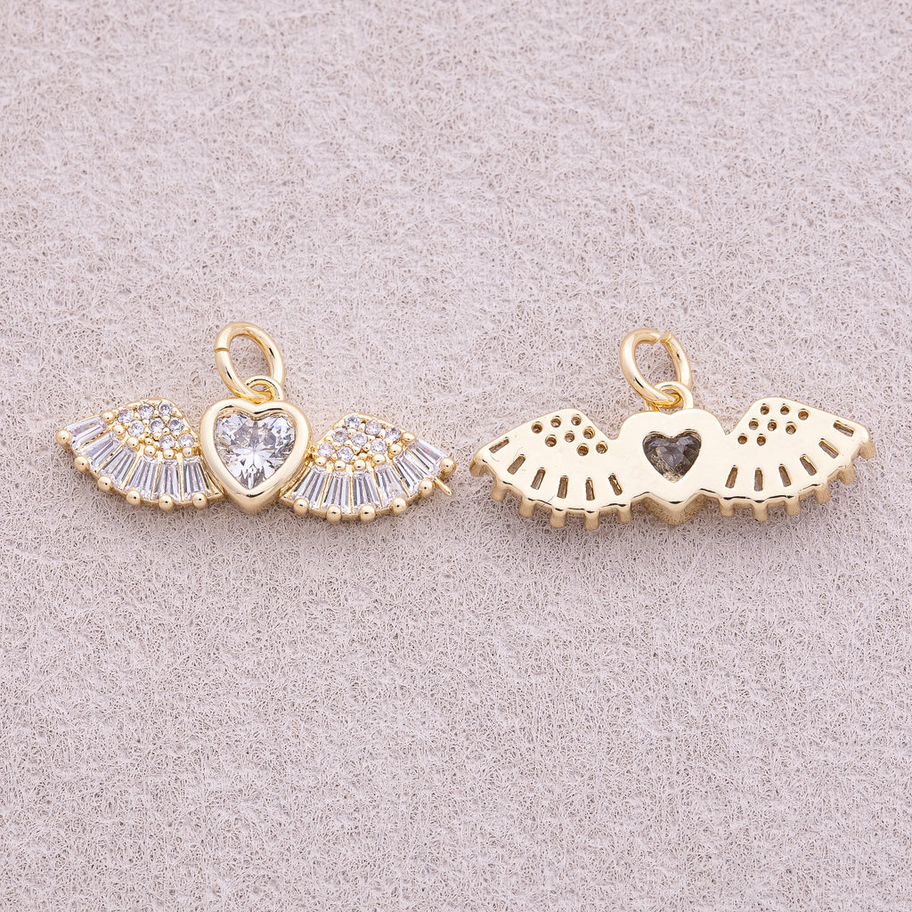 16K Gold Plated Clear Multi-cut CZ Angel Heart Wings Charm - Sold Each