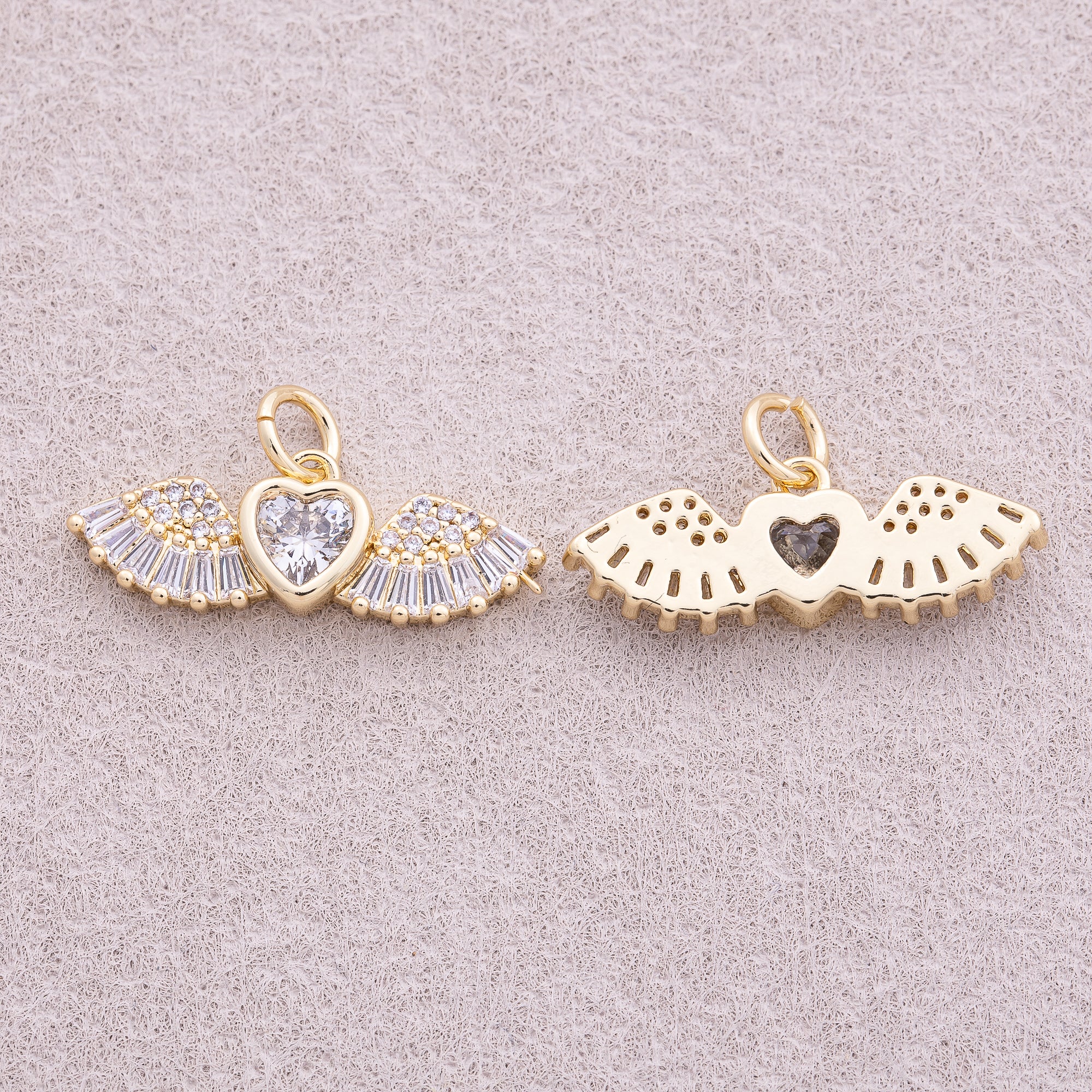 16K Gold Plated Clear Multi-cut CZ Angel Heart Wings Charm - Sold Each
