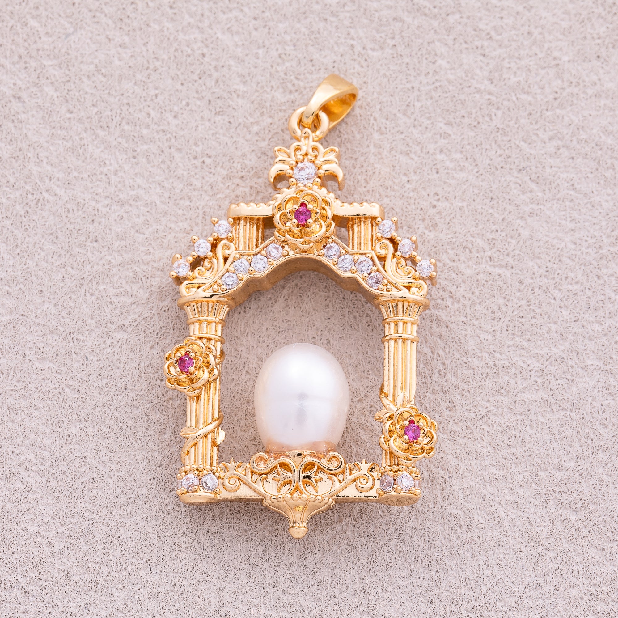 18K Gold Plated Shell Pearl CZ Floral Vintage Palace Window Pendant - Sold Each