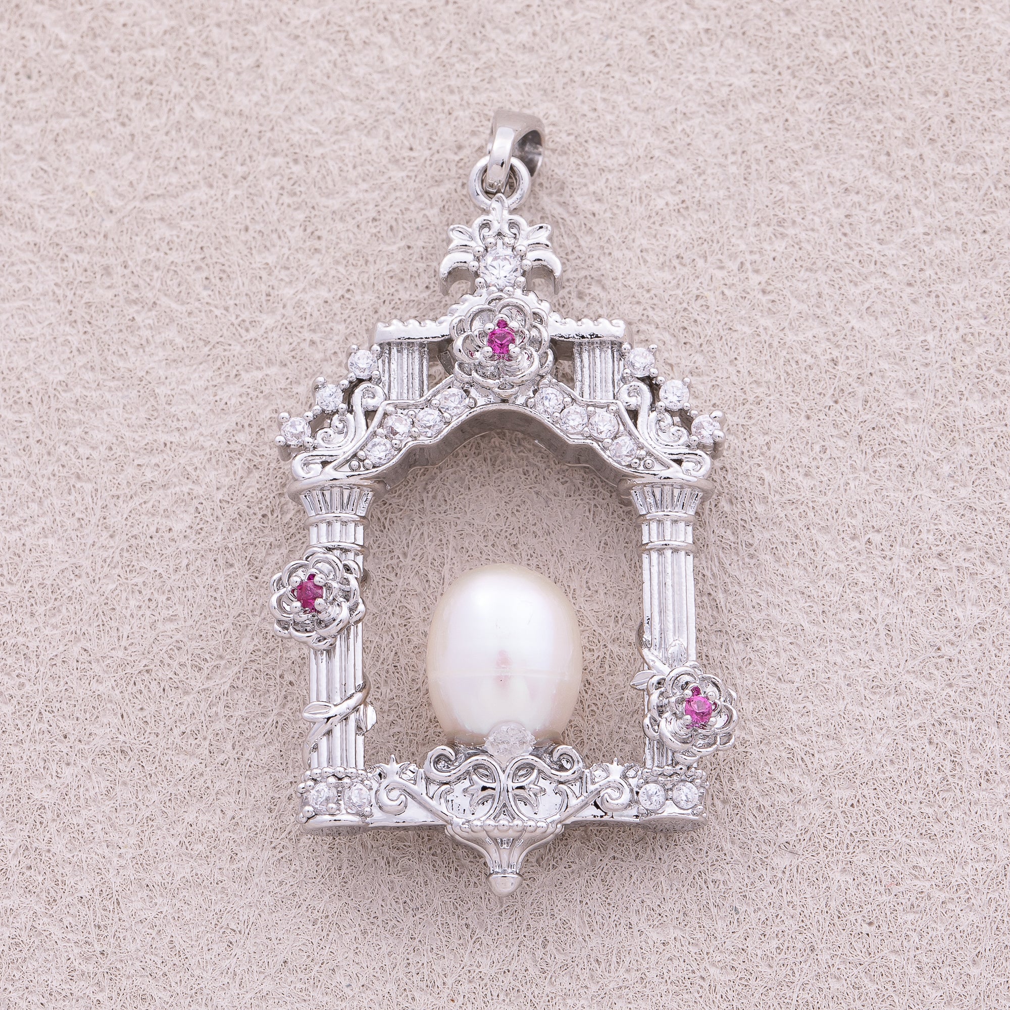 18K Gold Plated Shell Pearl CZ Floral Vintage Palace Window Pendant - Sold Each