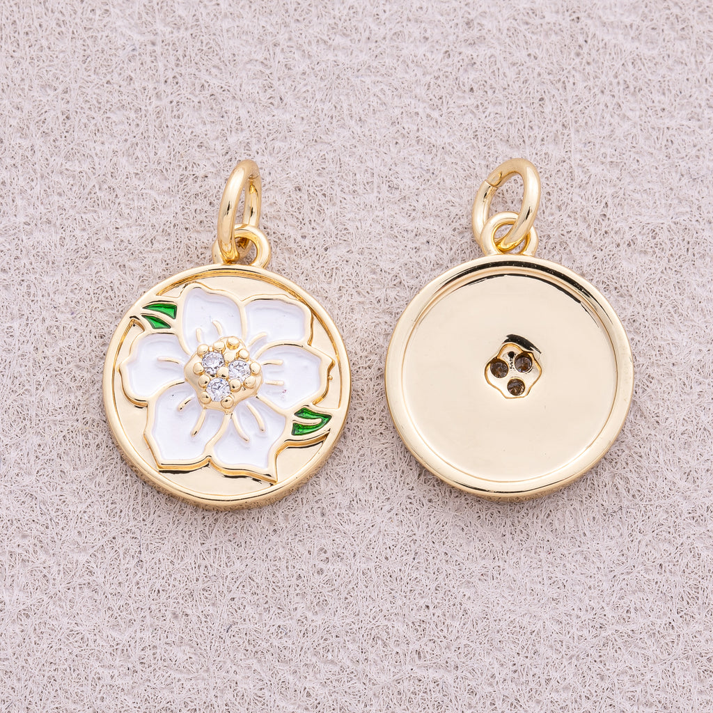16K Gold Plated White Enamel Blooming Flower Medallion Charm - Sold Each