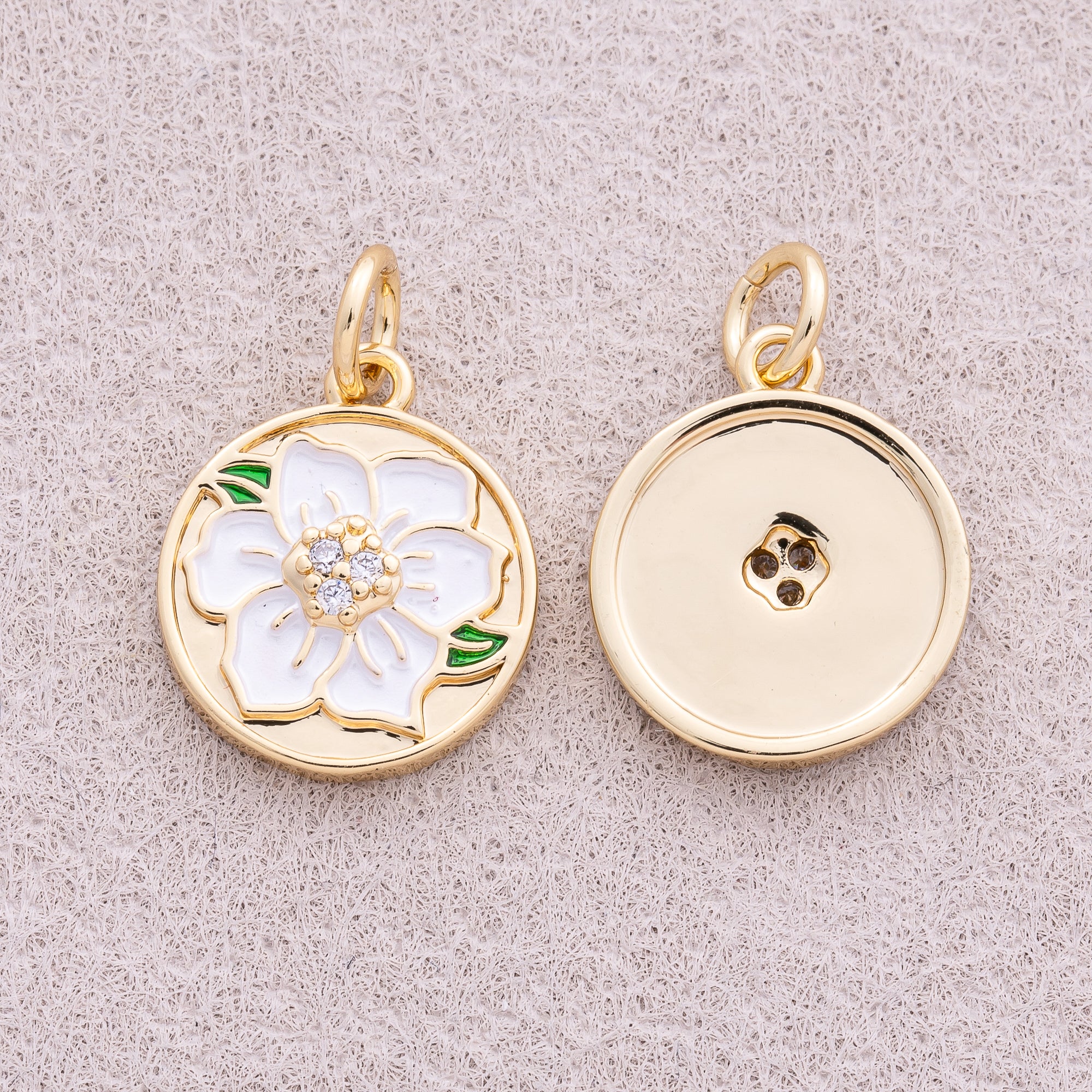 16K Gold Plated White Enamel Blooming Flower Medallion Charm - Sold Each