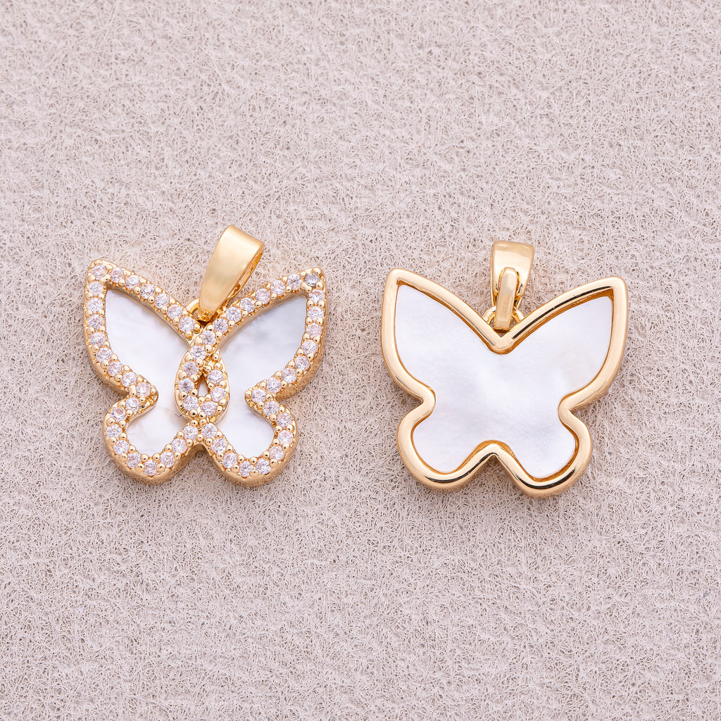 18K Gold Plated Mini Micro Paved CZ Mother of Pearl Butterfly Mariposa Animal Pendant - Sold Each