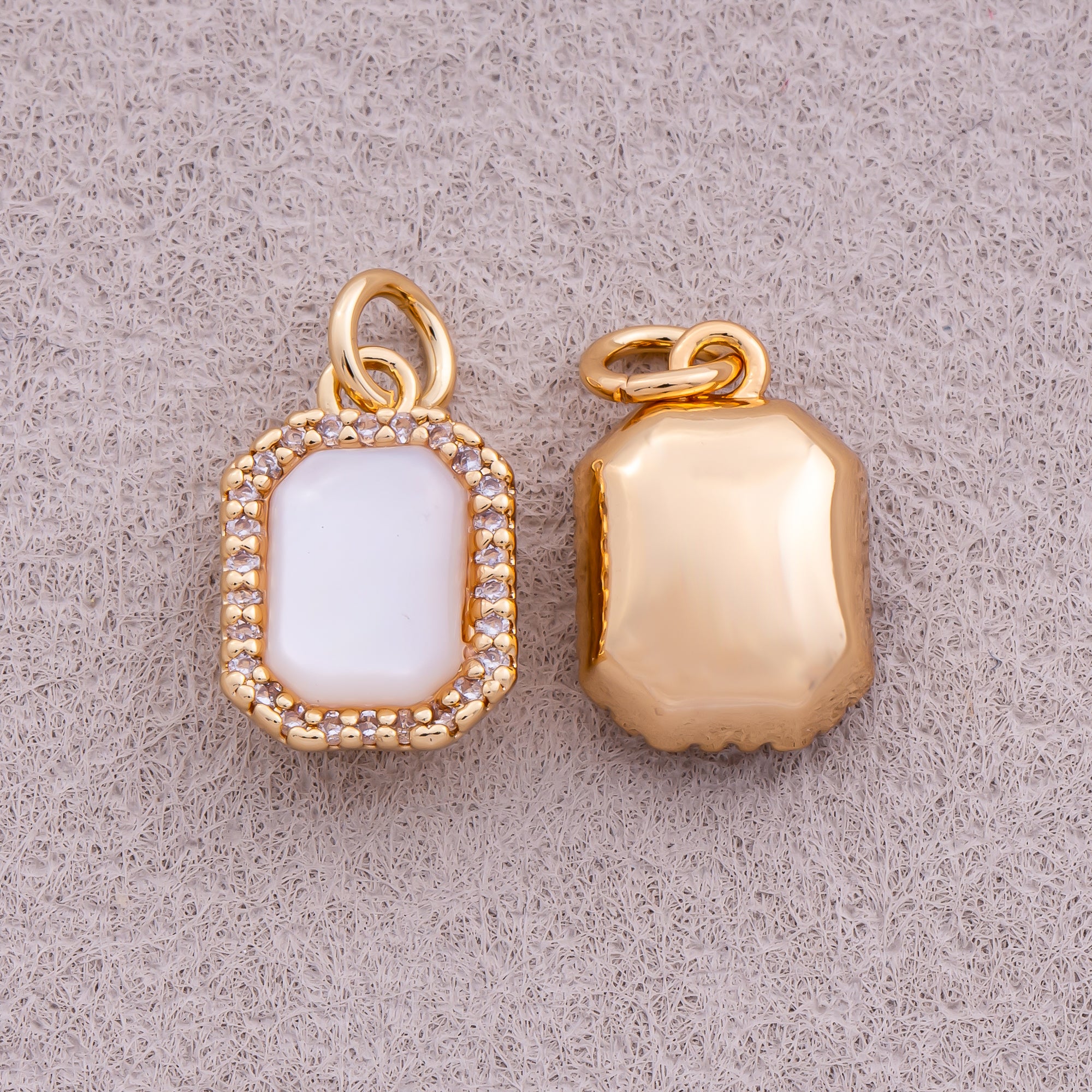 18K Gold Plated Micro Paved CZ White Quartz Natural Gemstone Rectangular Charm - Sold Each