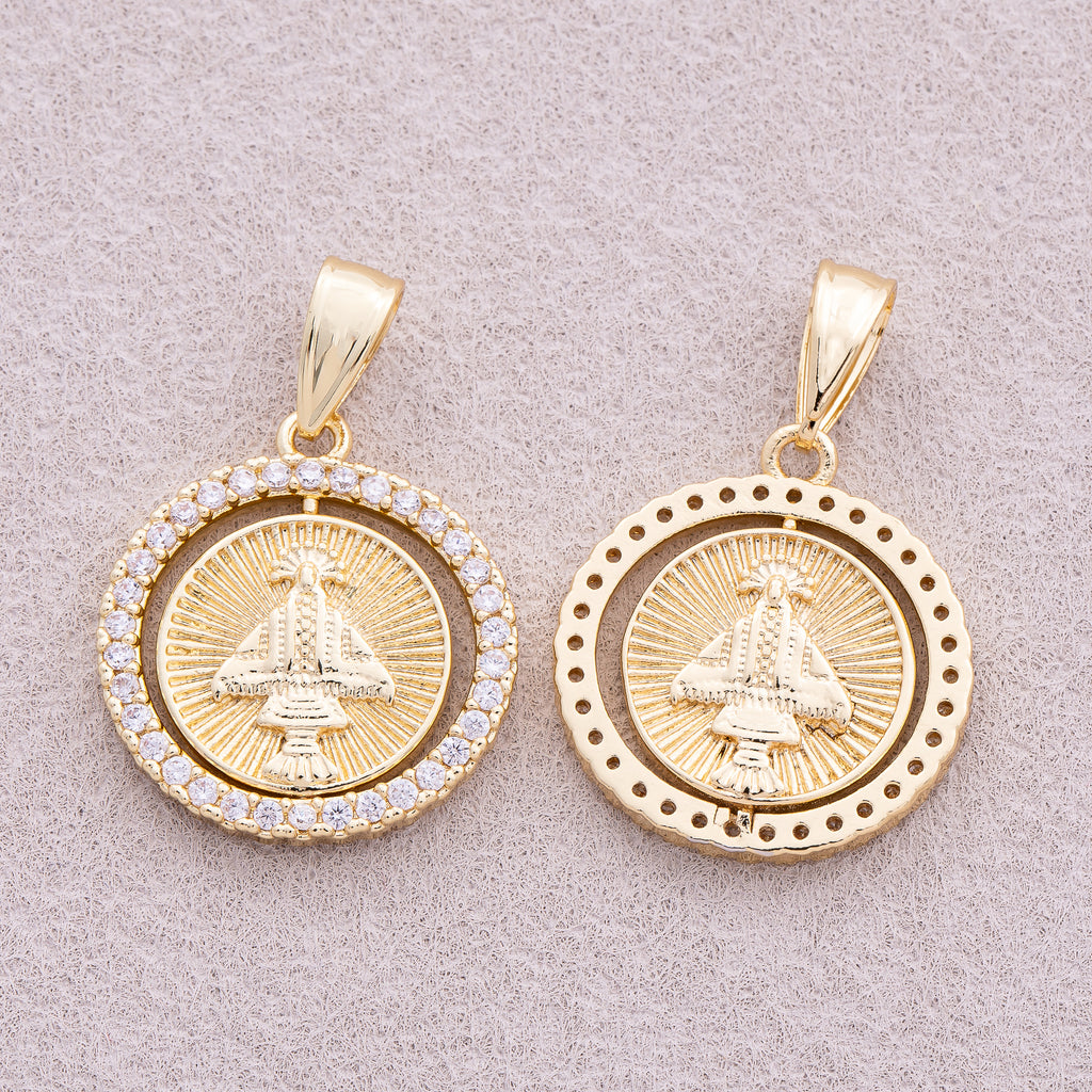 16K Gold Plated Micro Paved CZ Spinning Religious Coin Pendant - Sold Each