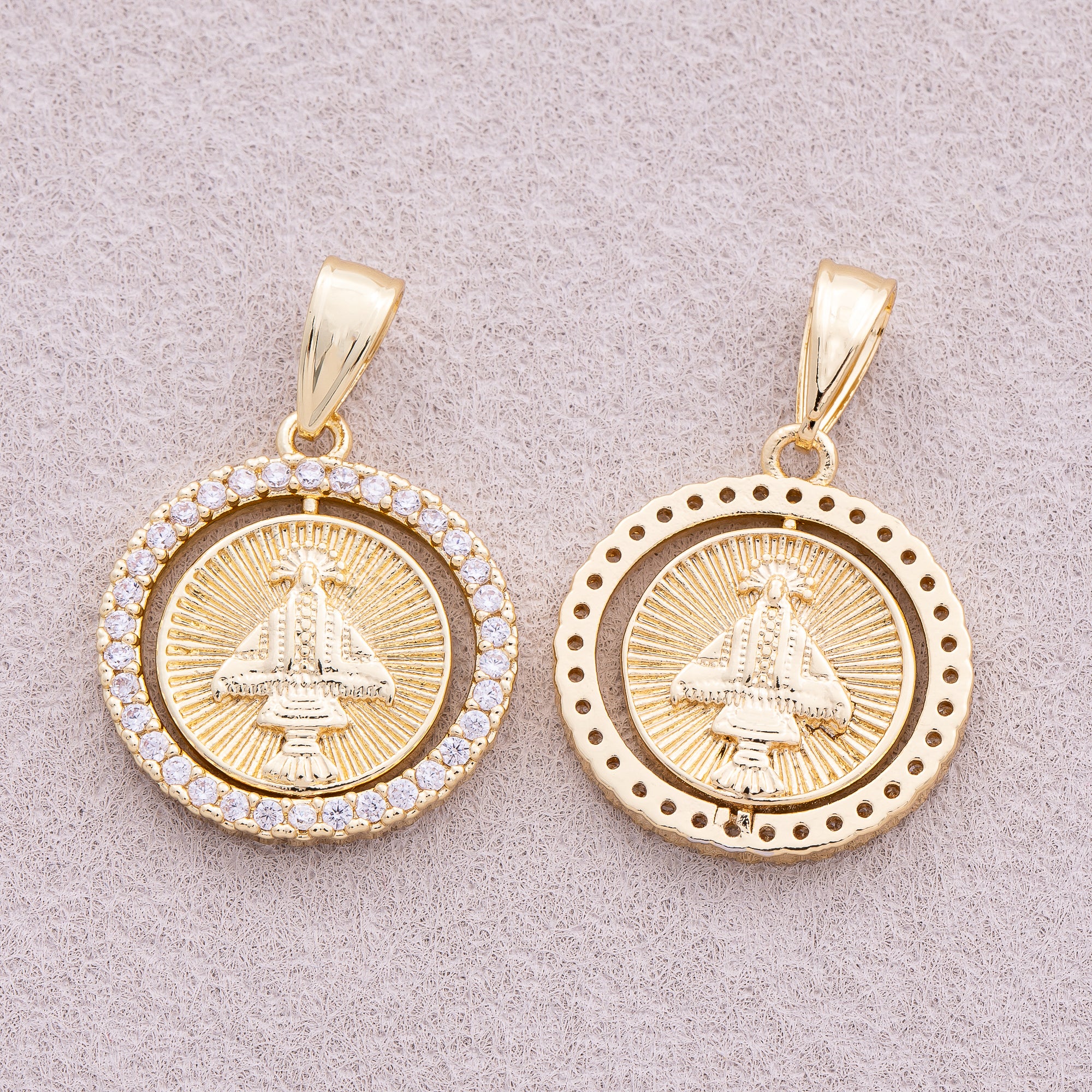 16K Gold Plated Micro Paved CZ Spinning Religious Coin Pendant - Sold Each