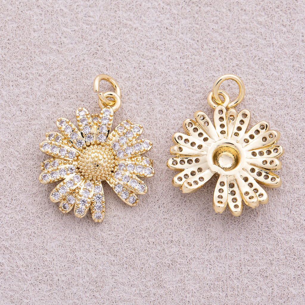 16K Gold Plated Micro Paved CZ Daisy Flower Charm - Sold Each