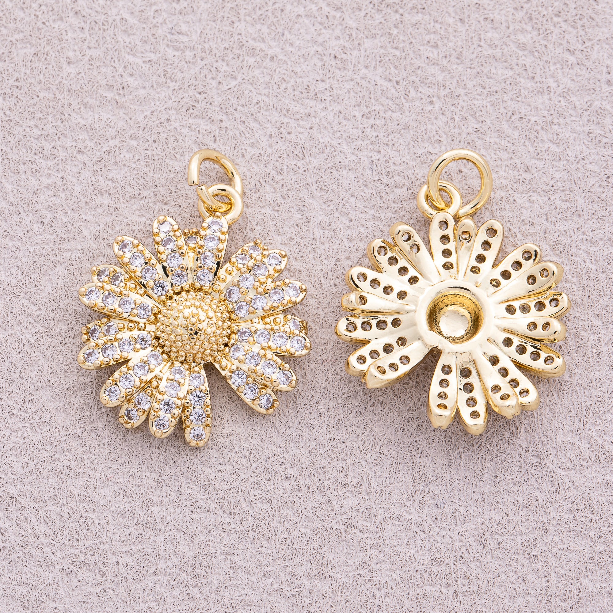 16K Gold Plated Micro Paved CZ Daisy Flower Charm - Sold Each