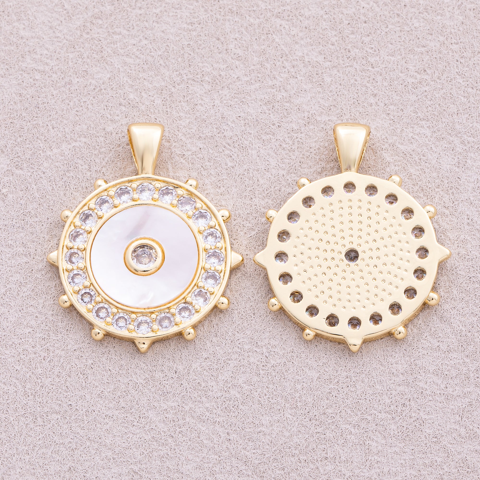 16K Gold Plated Micro Paved CZ Mother Of Pearl North Compass Pendant - Sold Each