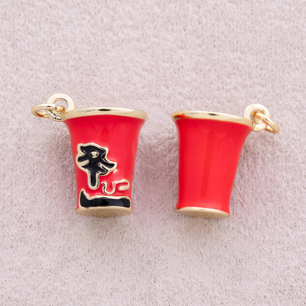 16K Gold Plated Red Enamel Delicious Ramen Cup Pendant - Sold Each