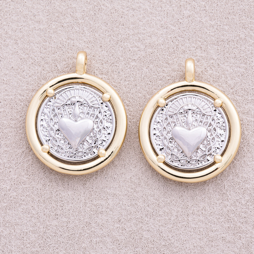 Two Tone Gold Plated Textured Heart Medallion Charm - Sold Each