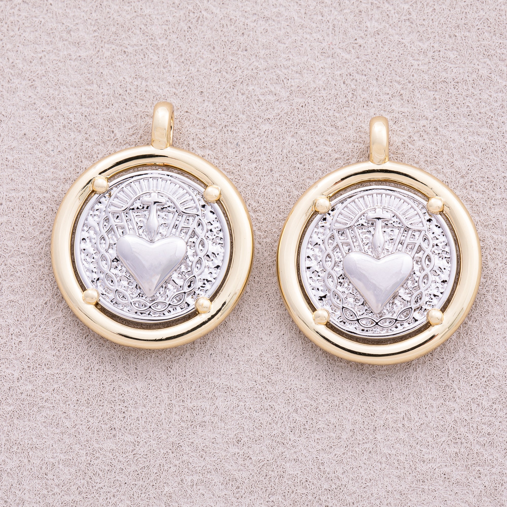 Two Tone Gold Plated Textured Heart Medallion Charm - Sold Each