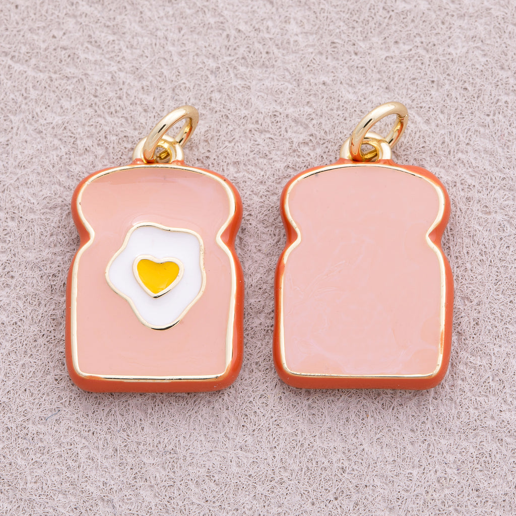 16K Gold Plated Toast Egg Breakfast Enamel Charm - Sold Each