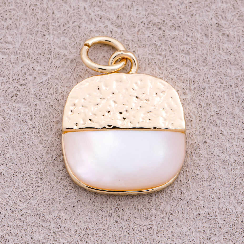 16K Gold Plated Mother Of Pearl Half Square Textured Medallion Charm - Sold Each