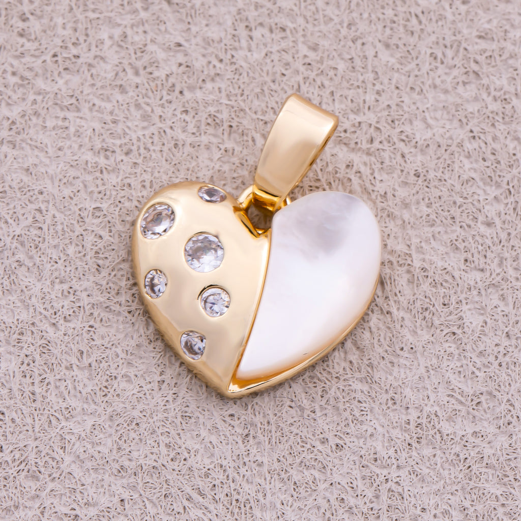 16K Gold Plated Mother Of Pearl CZ Half Love Heart Charm - Sold Each