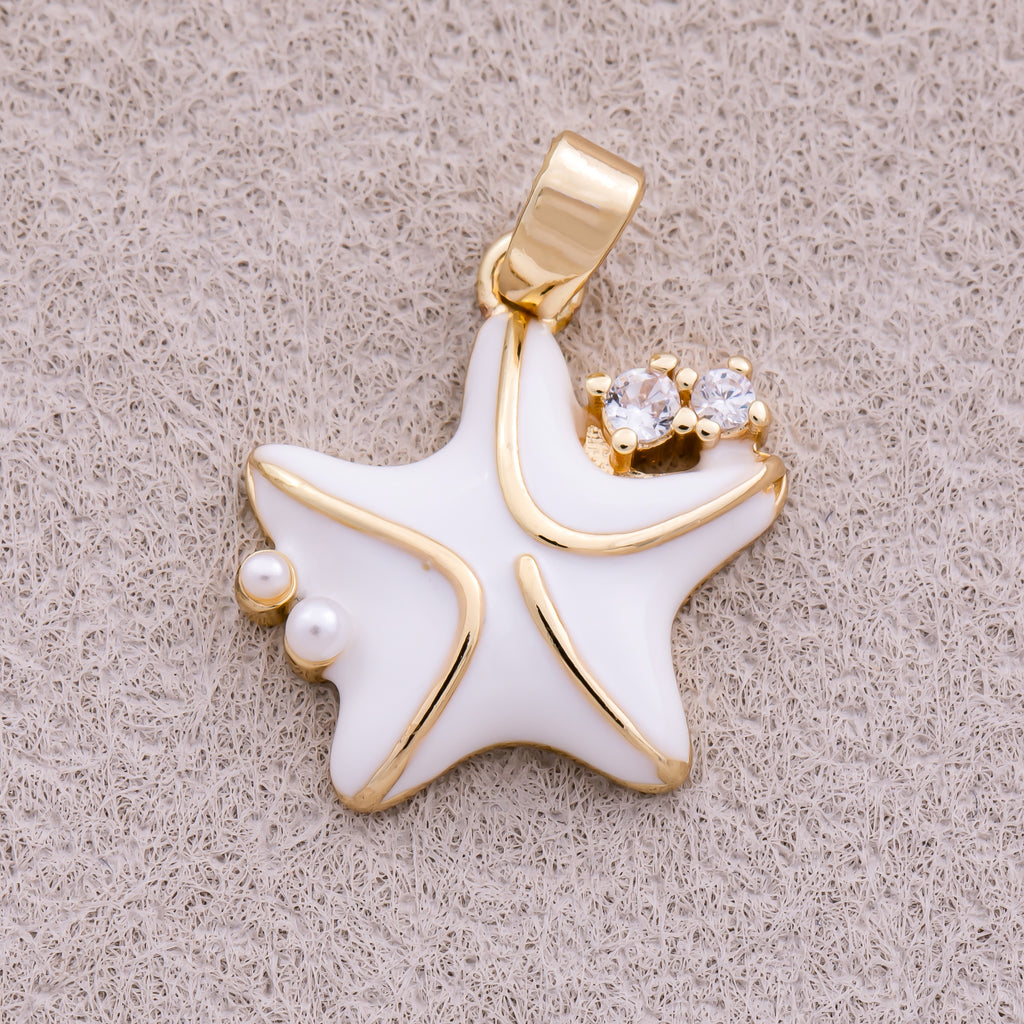 16K Gold Plated Clear CZ White Enamel Celestial Star Charm - Sold Each